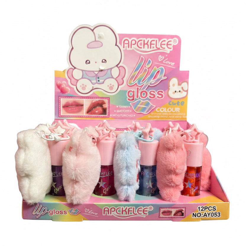 APCKFLEE LIP GLOSS WITH FLUFFY BUNNY KEY CHAIN 12 PCS DISPLAY AY053