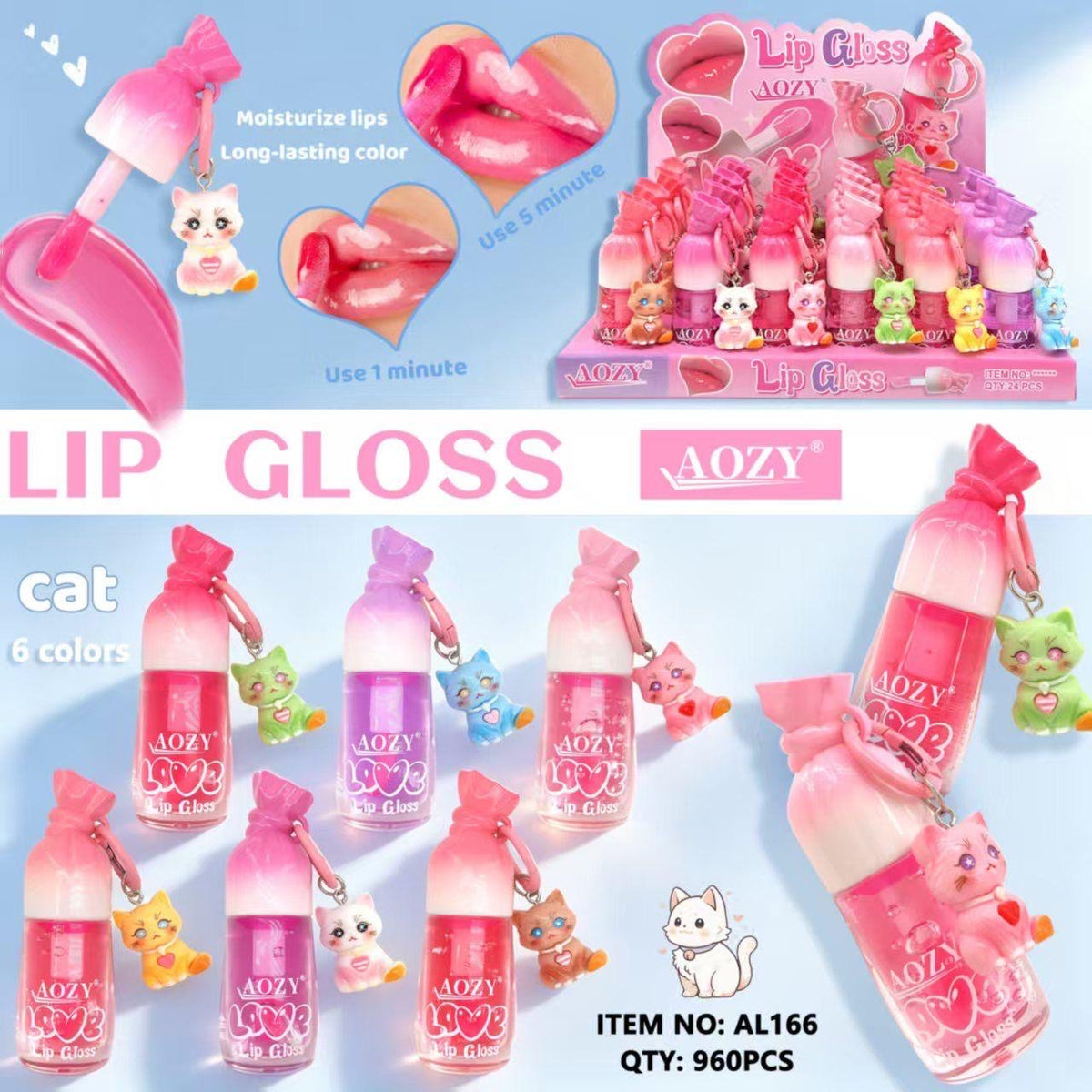 AOZY LIP GLOSS WITH CAT KEY CHAIN 24 PCS DISPLAY