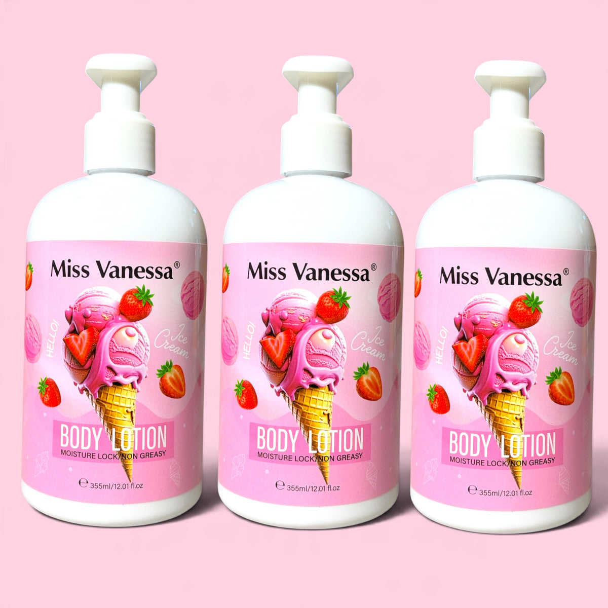 MISS VANESSA STRAWBERRY ICE CREAM BODY LOTION 3 PCS SET - 355ML/12.01FL G5082