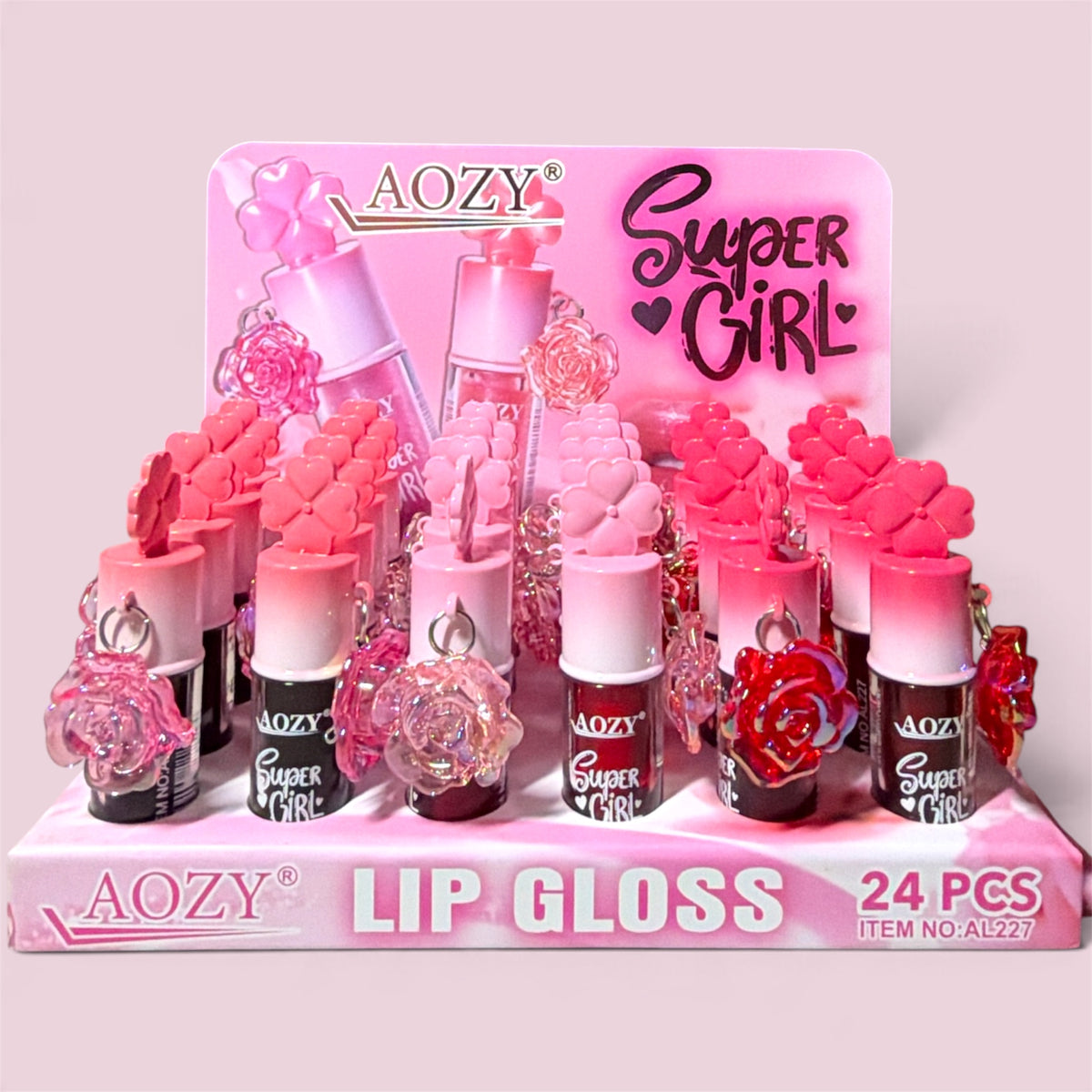 AOZY SUPER GIRL ROSE LIP FLOSS OFWITH FLOWER AND HEART SHAPED CAPS 24PCS DISPLAY AL227