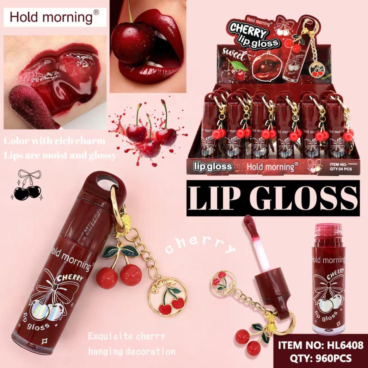 HOLD MORNING SWEET CHERRY LIP GLOSS WITH CHERRY KEY CHAIN 24 PCS DISPLAY HL6408