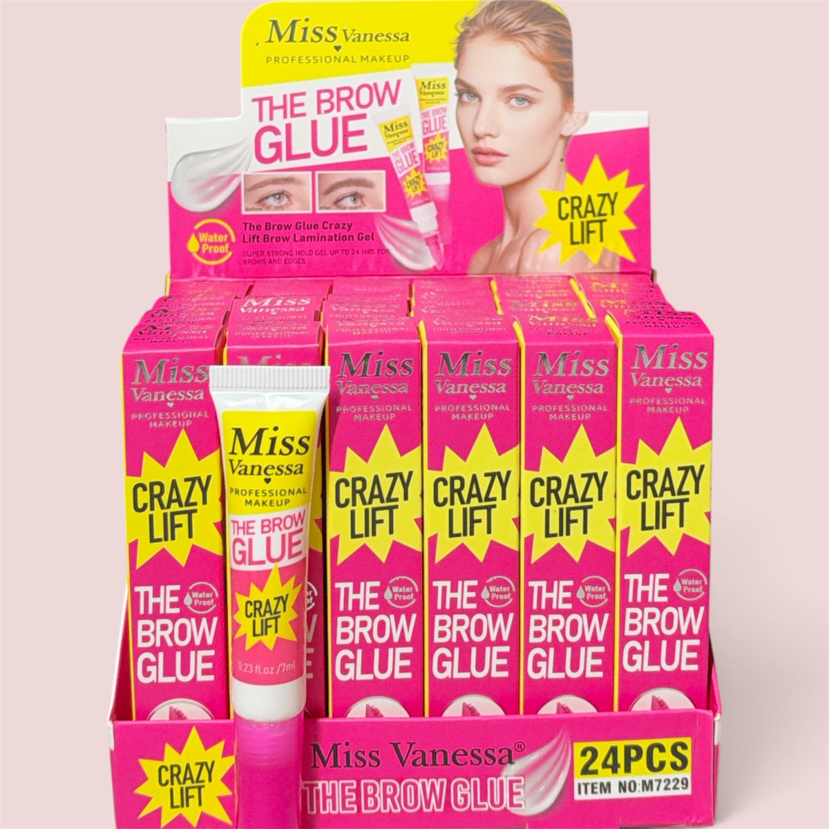 MISS VANESSA THE BROW GLUE CRAZY LIFT WATERPROOF EYEBROW STYLING GEL 0.23FL/7ML 24 PCS DISPLAY M7229