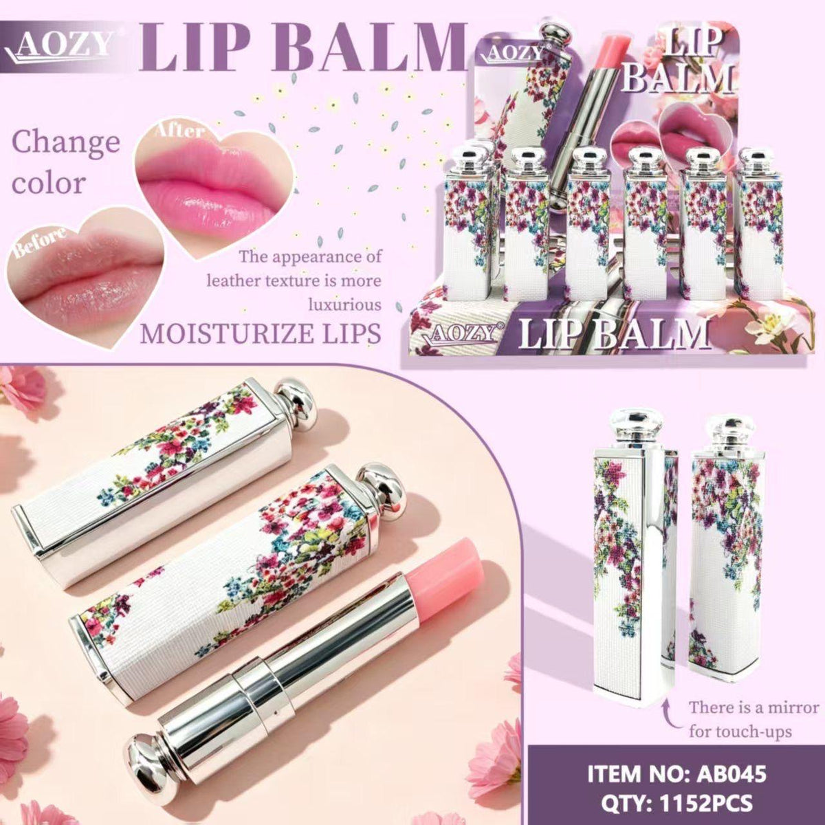 AOZY FLOWER PATTERN LIP BALM 24 PCS DISPLAY