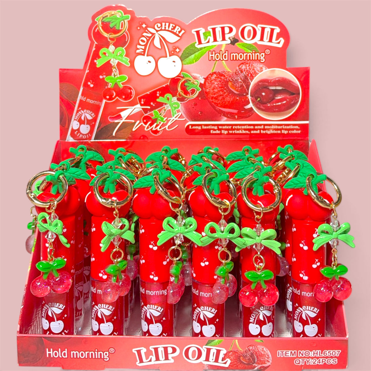 HOLD MORNING LIP OIL MON CHERI FRUIT WITH KEY CHAIN CHERRY 24 PCS DISPLAY HL6507