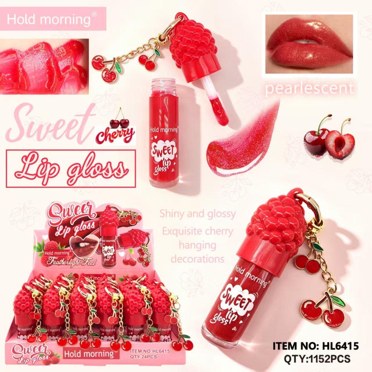 HOLD MORNING SWEET RASPBERRY LIP GLOSS WITH CHERRY KEY CHAIN 24 PCS DISPLAY NO.HL6415