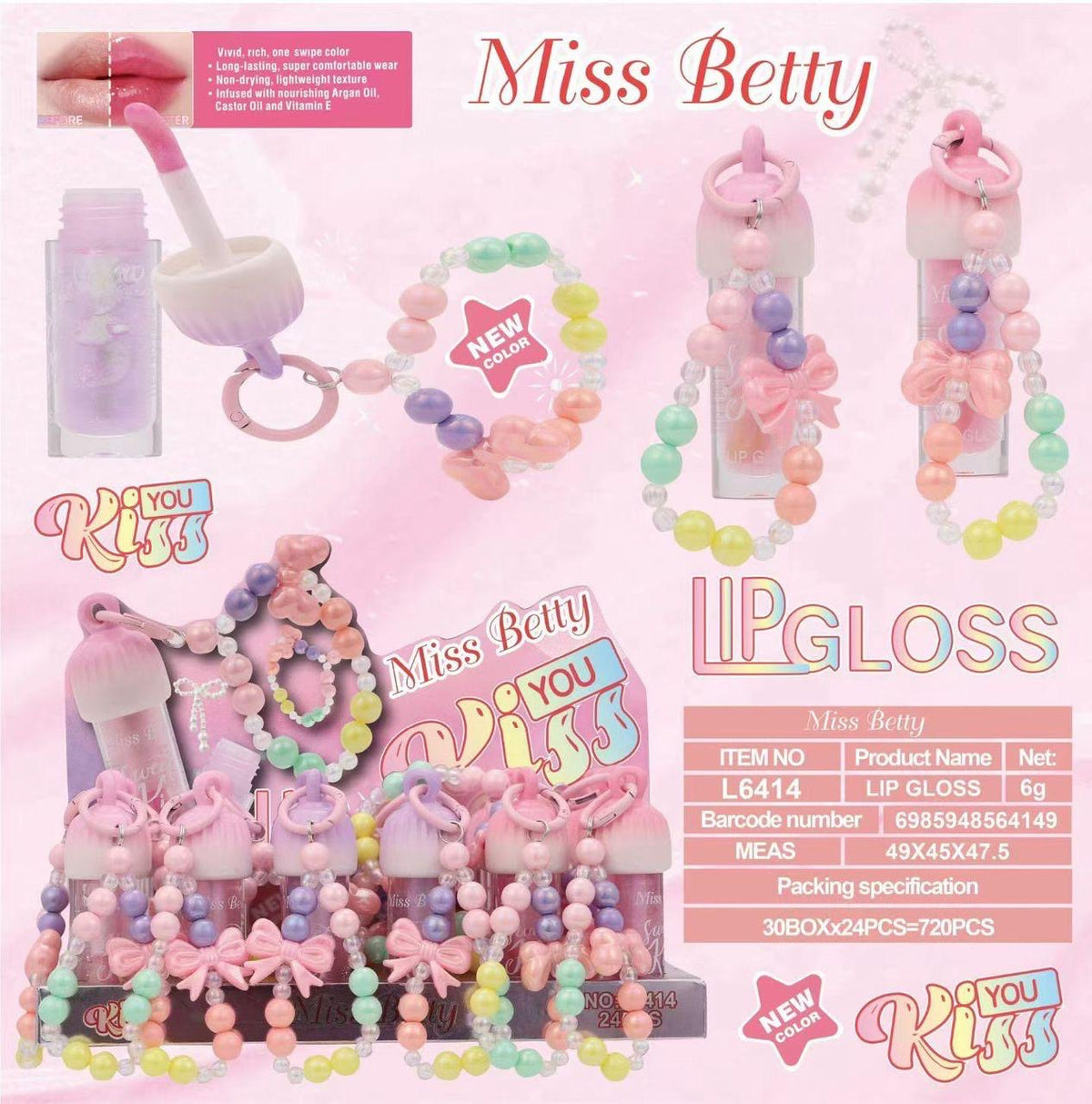 MISS BETTY KISS YOU LIP GLOSS WITH HOLDER 24PCS DISPLAY
