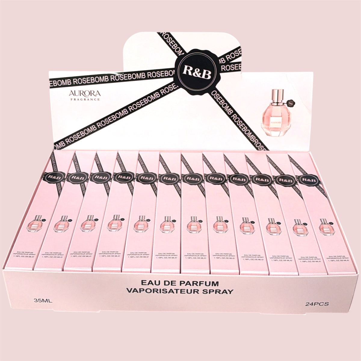 R&B ROSEBOMB TRAVEL SIZE PERFUME 24 PCS 1.18FL OZ/35ML DISPLAY H101-045