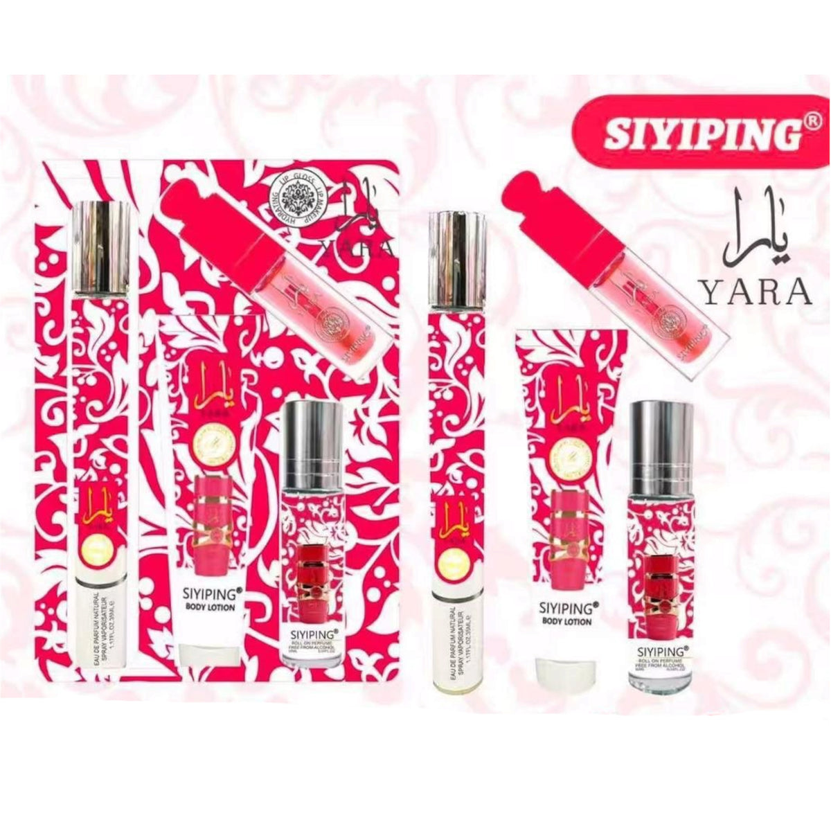 FUSHIA 4 IN 1 FRAGRANCE SET TRAVEL PERFUME,BODY LOTION, ROLL ON PERFUME AND LIP GLOSS 2PCS