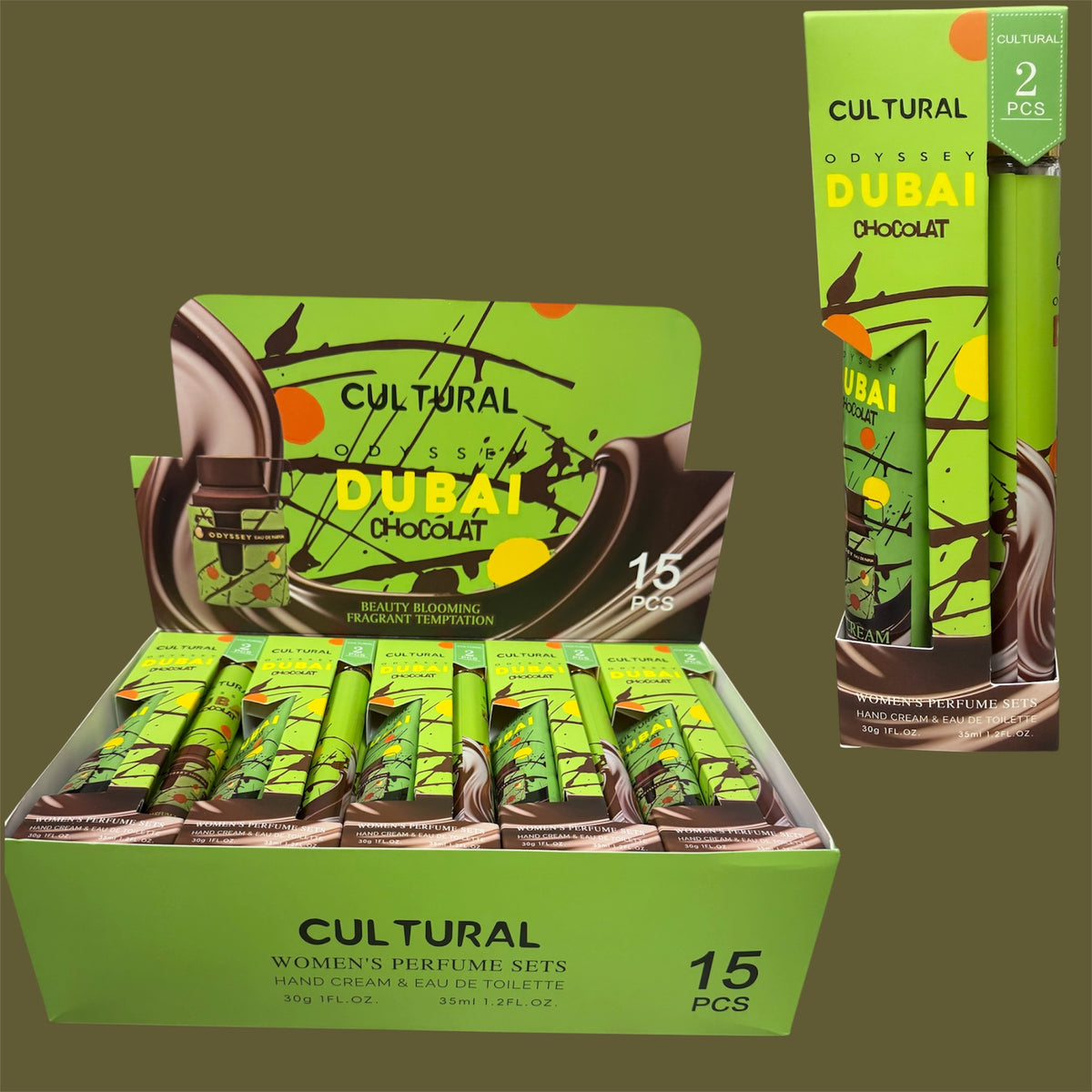 CULTURAL ODYSSEY DUBAI CHOCOLATE WOMEN’S PERFUME SETS 15 PCS DISPLAY