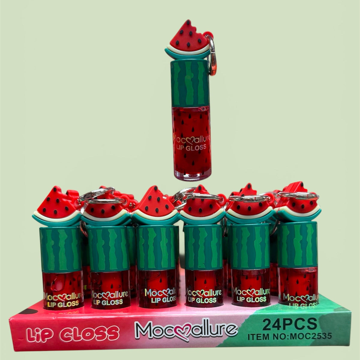 MOC❤️ALLURE WATERMELON LIP GLOSS WITH WATERMELON KEY CHAIN 24 PCS DISPLAY MOC2535