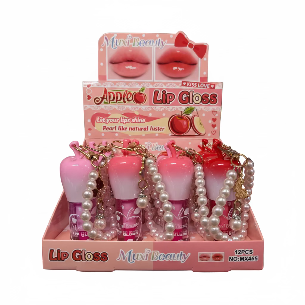 MUXI BEAUTY APPLE LIP GLOSS WITH BEAD KEYCHAIN 12 PCS MX465