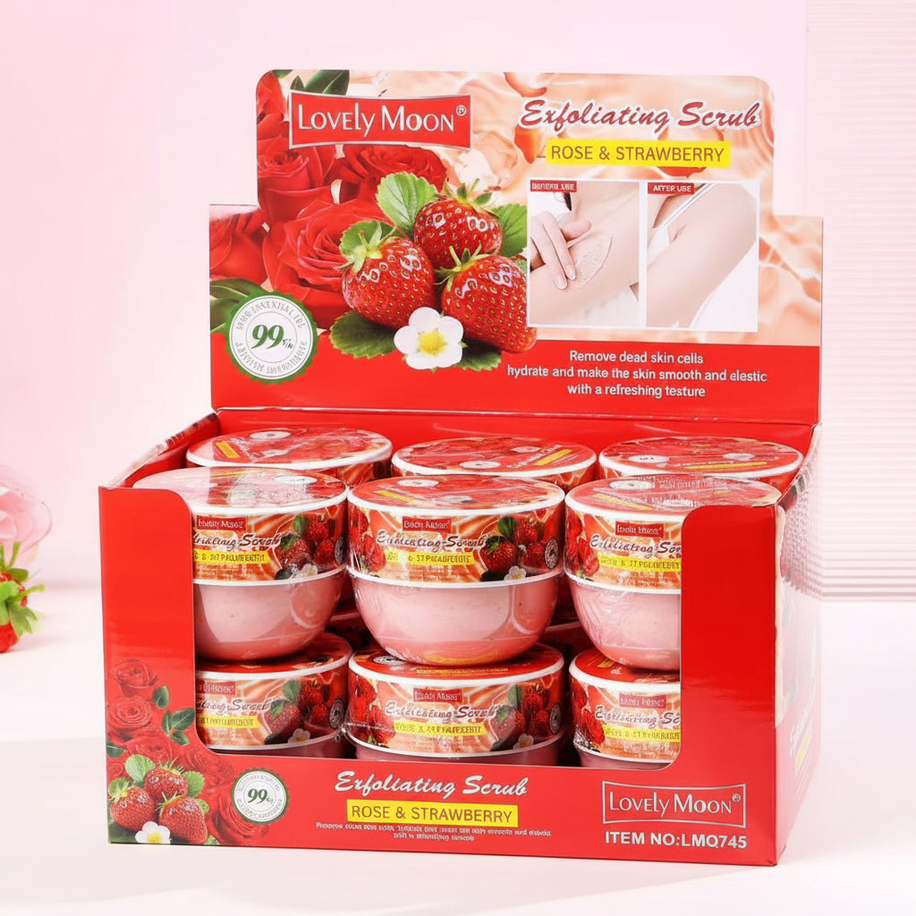 LOVELY MOON EXFOLIATING SCRUB ROSE & STRAWBERRY 12 PCS DISPLAY NO.LMQ745