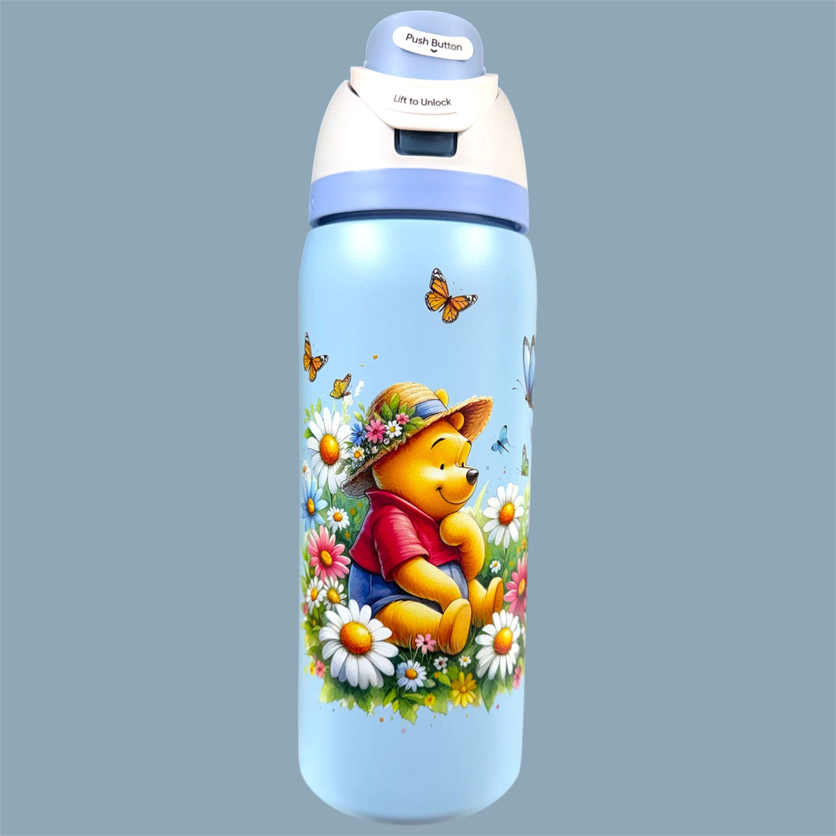 (#31) YELLOW BEAR BUTTERFLY WATER CANISTER WITH BUILT IN STRAW 32 OZ./945 ML 1 PC
