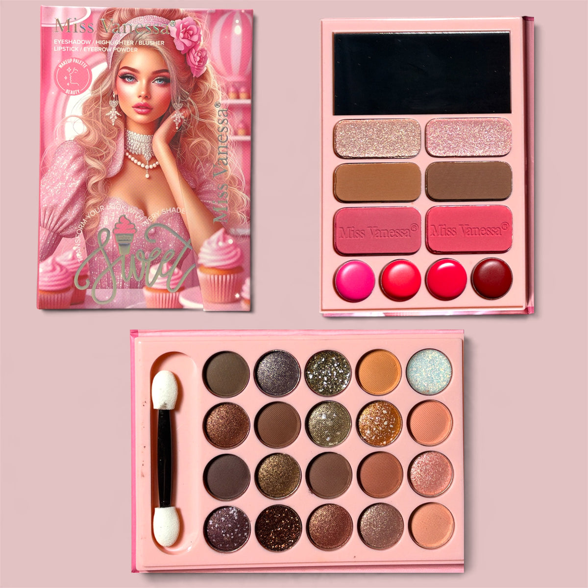 MISS VANESSA MAKE-UP PALETTE WITH EYESHADOW | HIGHLIGHTER | BLUSHER | LIPSTICK | EYEBROW POWDER 12 PCS F7004F