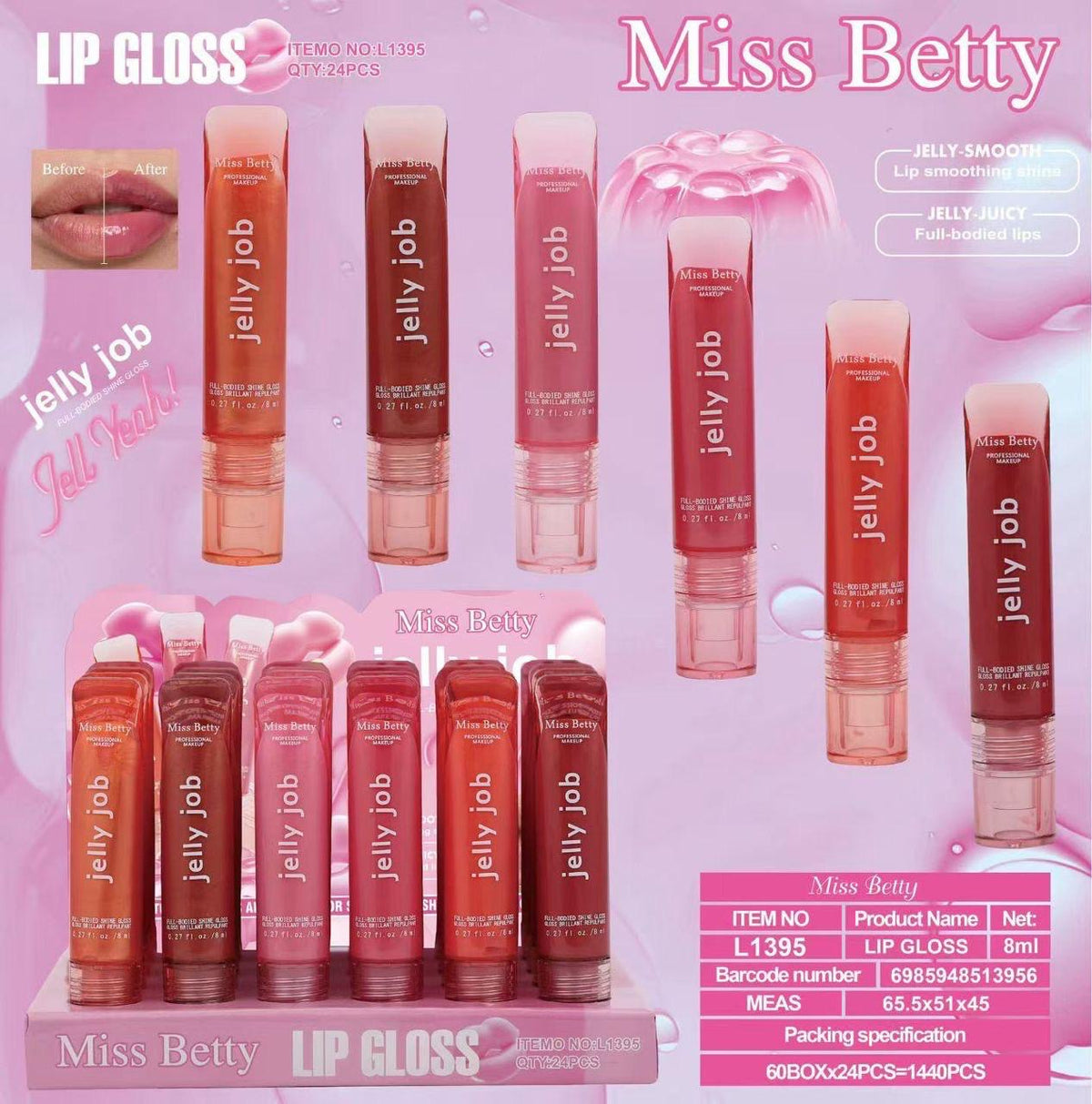 MISS BETTY JELLY JOB LIP GLOSS 24PCS DISPLAY L1395