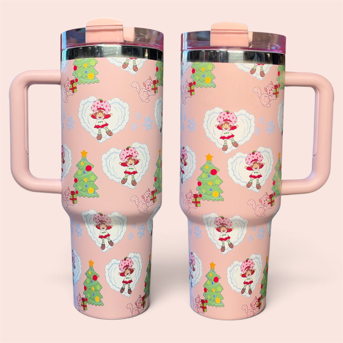 (#167) PINK CHRISTMAS WATER CANISTER WITH HANDLE AND STRAW 40 OZ./1.18L 1 PC