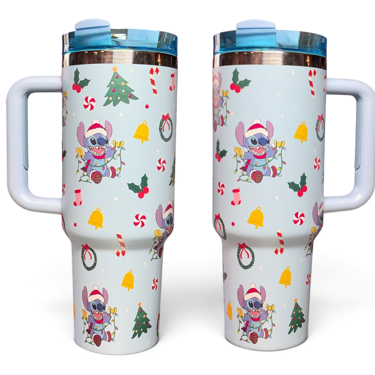 (#166) CHRISTMAS BLUE WATER CANISTER WITH HANDLE AND STRAW 40 OZ./1.18L 1PC