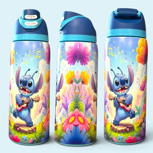 (#156) TROPICAL MUSIC & FLOWERS WATER CANISTER WITH BUILT IN STRAW 32 OZ./945 ML 1 PC