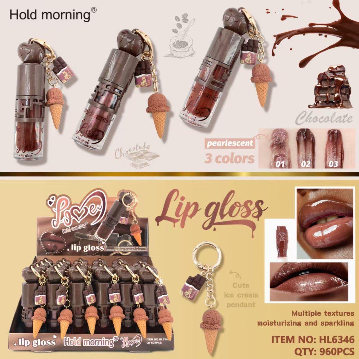 HOLD MORNING LIP GLOSS WITH ICE CREAM KEY CHAIN 24 PCS DISPLAY