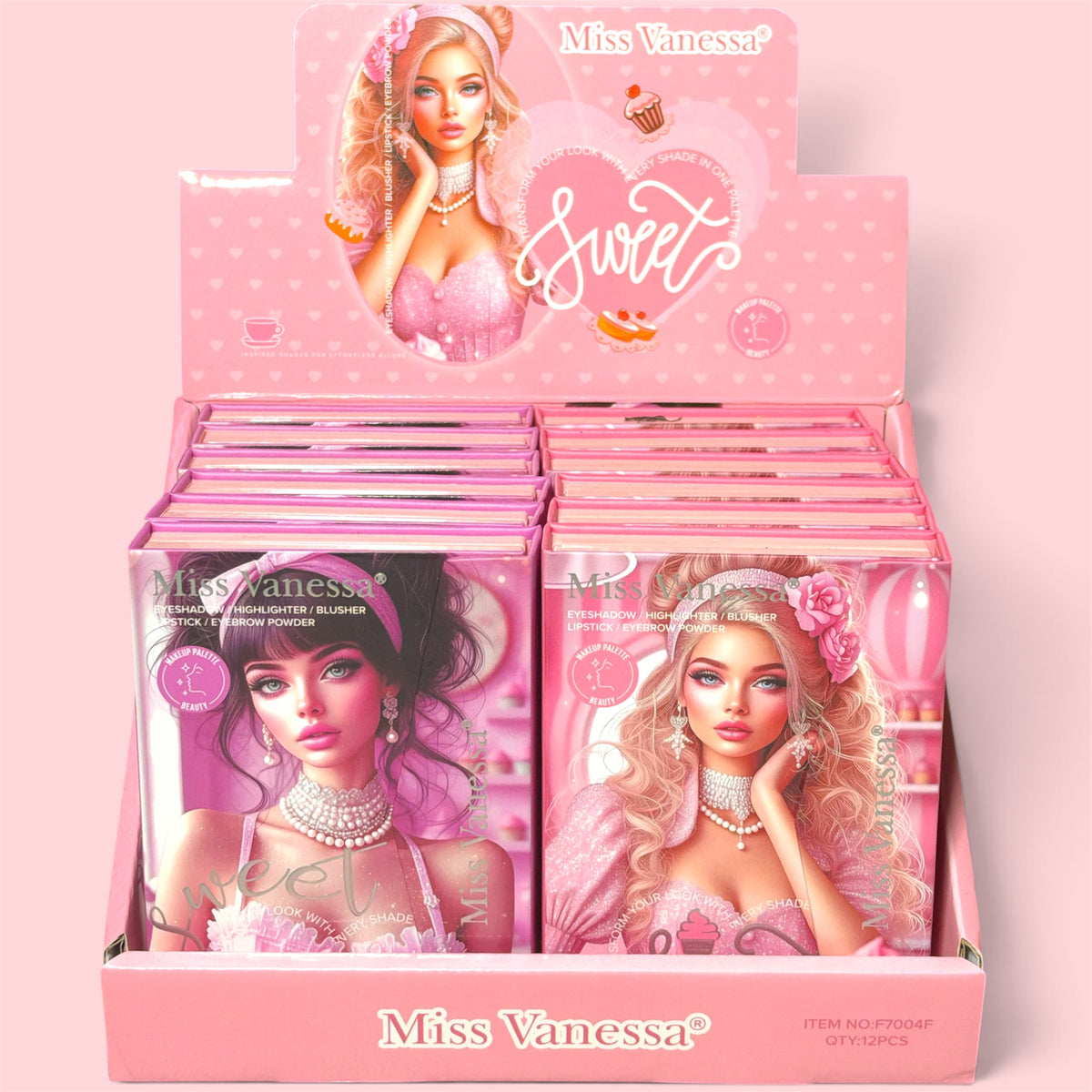 MISS VANESSA MAKE-UP PALETTE WITH EYESHADOW | HIGHLIGHTER | BLUSHER | LIPSTICK | EYEBROW POWDER 12 PCS F7004F