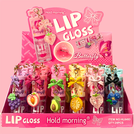 HOLD MORNING BUTTERFLY LIP GLOSS KEYCHAIN FRUIT 24 PCS DISPLAY HL6493