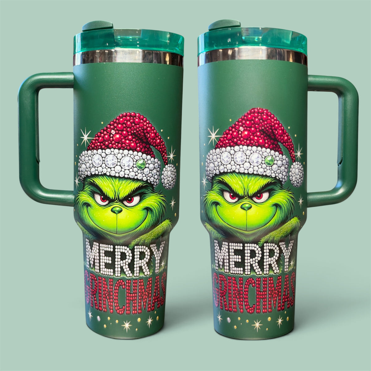 (#165) GREEN CHRISTMAS CHARACTER WATER CANISTER WITH HANDLE AND STRAW 40 OZ./1.18L 1PC