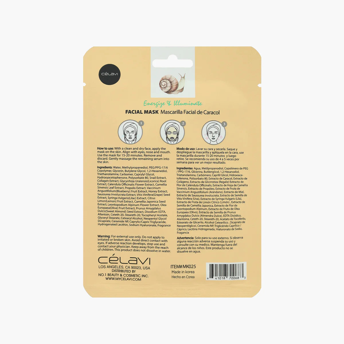 CELAVI FACIAL MASK SNAIL ENERGIZE & ILLUMINATE 24PACK