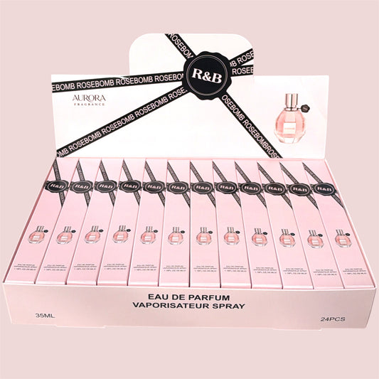 R&B ROSEBOMB TRAVEL SIZE PERFUME 24 PCS 1.18FL OZ/35ML DISPLAY H101-045
