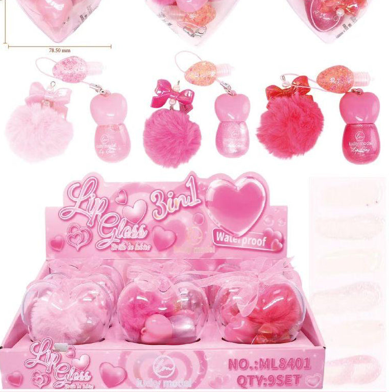 LUCKY MODEL 3 IN 1 LIP GLOSS 9 PCS DISPLAY NO.ML8401