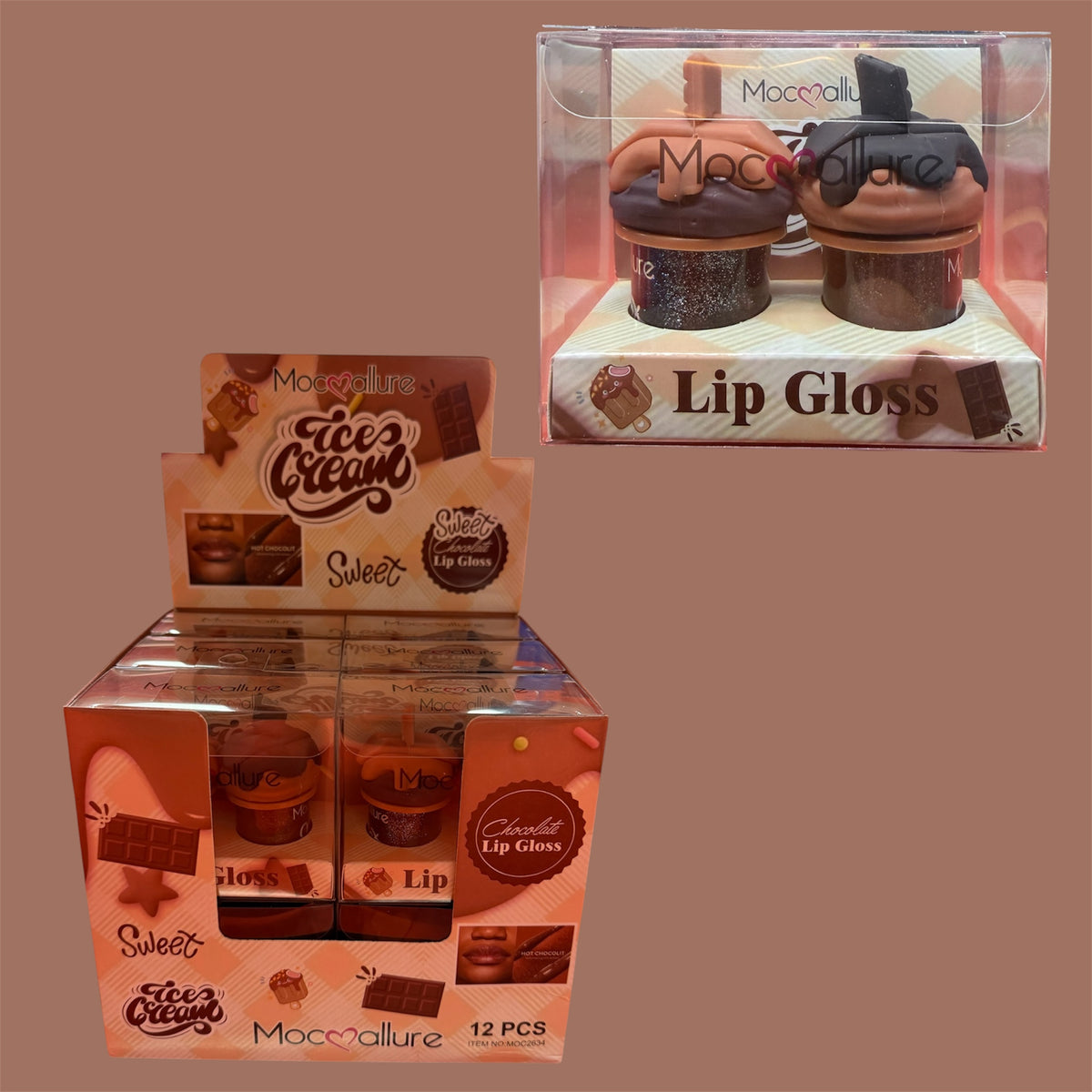 MOC❤️ALLURE 2 PC CHOCOLATE LIP GLOSS 12 PCS DISPLAY NO.MOC2634