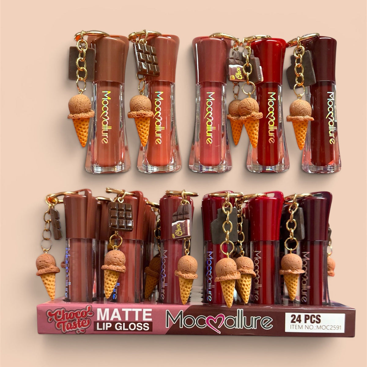 MOC❤️ALLURE CHOCO TASTE MATTE LIP GLOSS WITH CHOCOLATE BAR/ICE CREAM KEY CHAIN 24 PCS DISPLAY NO.MOC2591