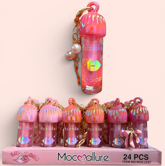 MOC❤️ALLURE LIP GLOSS WITH HEART AND BOW KEY CHAIN 24 PCS DISPLAY NO.MOC2587