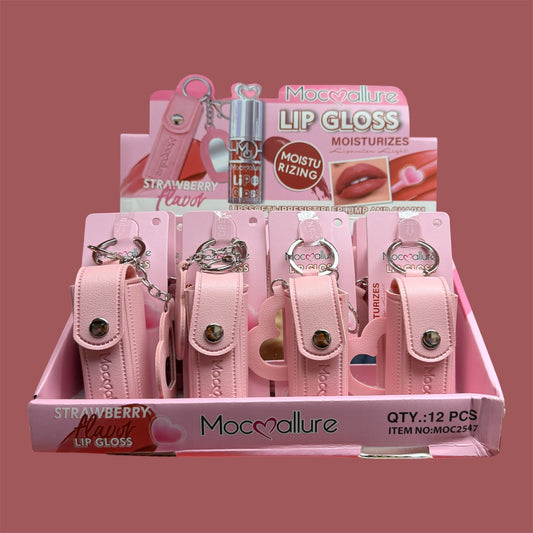 MOC❤️ALLURE STRAWBERRY FLAVOR LIP GLOSS WITH HEART KEY CHAIN AND BAG HOLDER 12 PCS DISPLAY NO:MOC2547