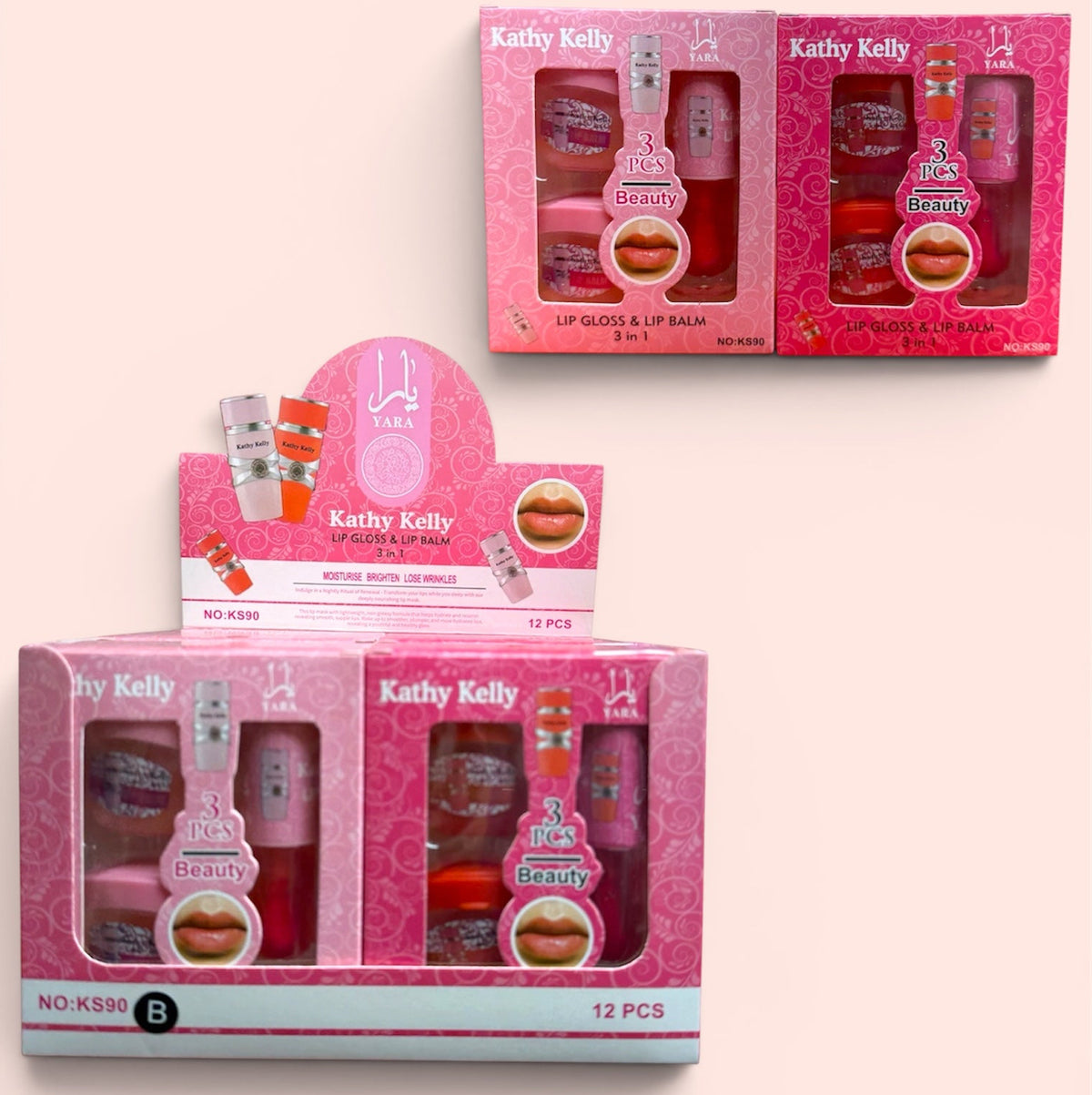 KATHY KELLY 3 IN 1 LIP GLOSS AND LIP BALM 12 PCS DISPLAY (NO:KS90)