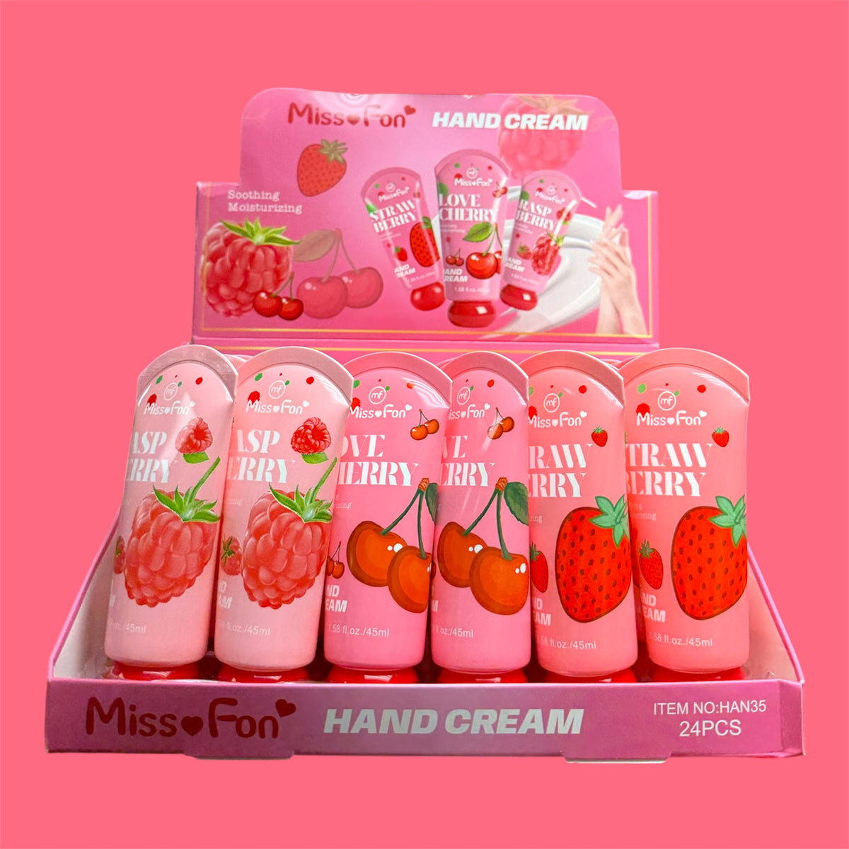 MISS FON STRAWBERRY, CHERRY, AND RASPBERRY HAND CREAM 24 PCS DISPLAY NO.HAN35