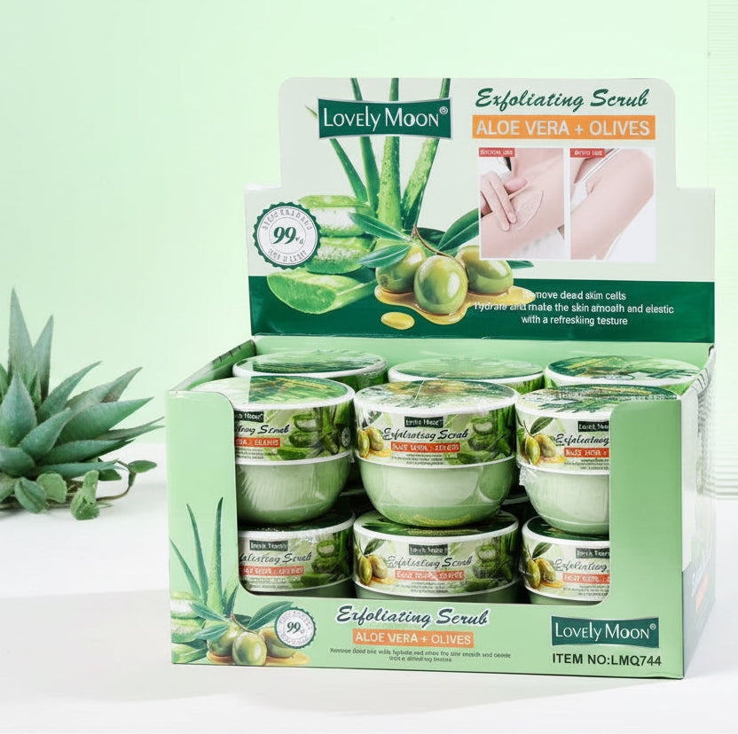 LOVELY MOON EXFOLIATING SCRUB ALOE VERA & OLIVES 12 PCS DISPLAY NO.LMQ744