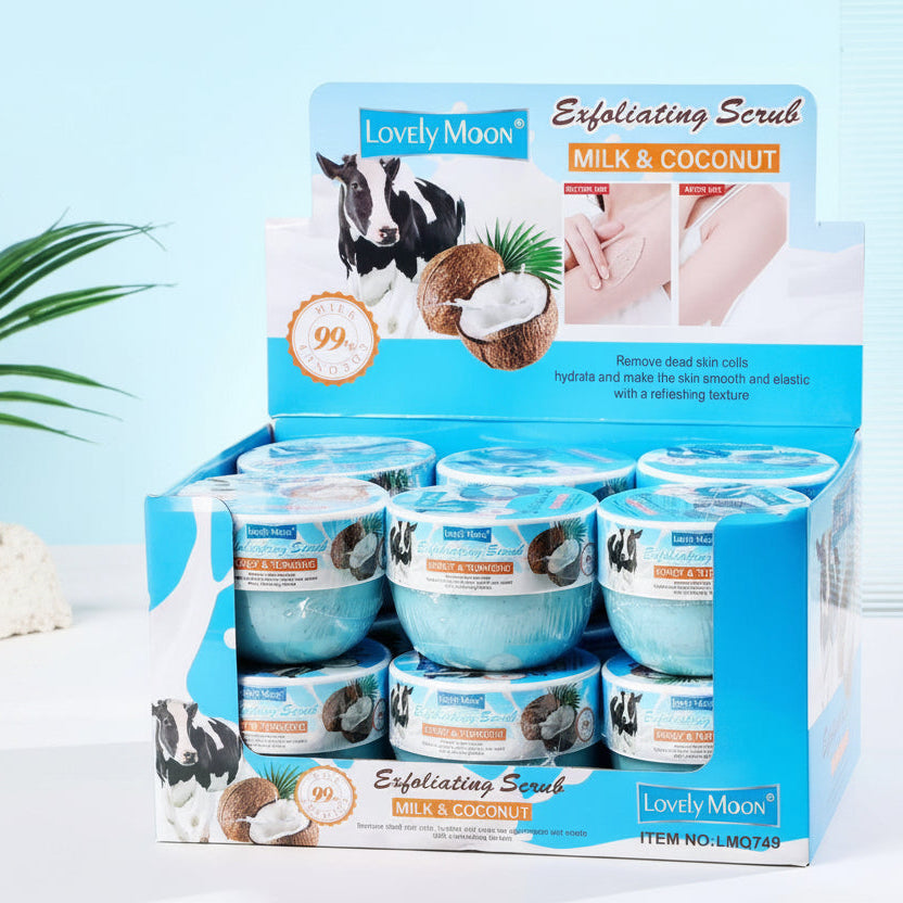 LOVELY MOON EXFOLIATING SCRUB MILK & COCONUT 12 PCS DISPLAY NO.LMQ749