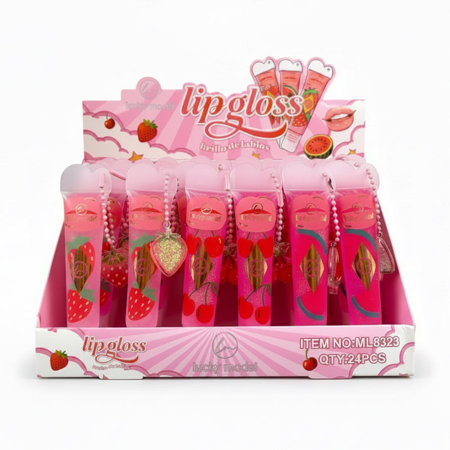 LUCKY MODEL FRUIT SCENTED LIP GLOSS WITH FRUIT KEY CHAIN 24 PCS DISPLAY NO.ML8323