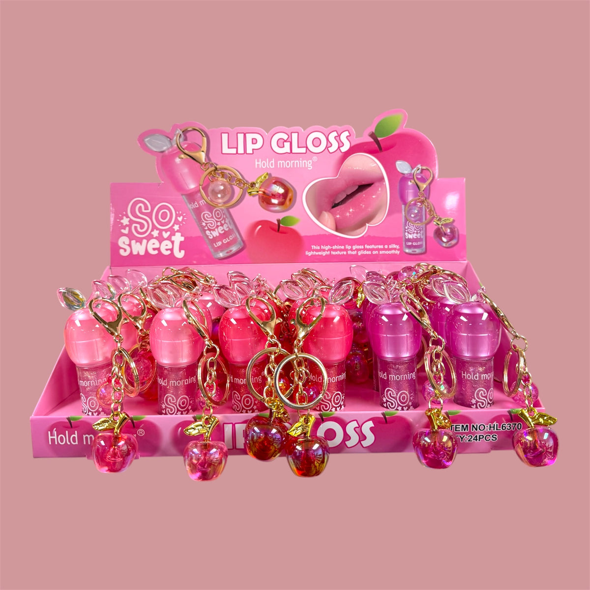 HOLD MORNING APPLE LIP GLOSS WITH APPLE KEY CHAIN 24 PCS DISPLAY NO.HL6370