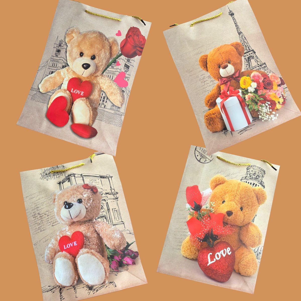 MIXED VALENTINES BEAR PAPER GIFT BAGS 12 PCS (No.BG260129-36L)